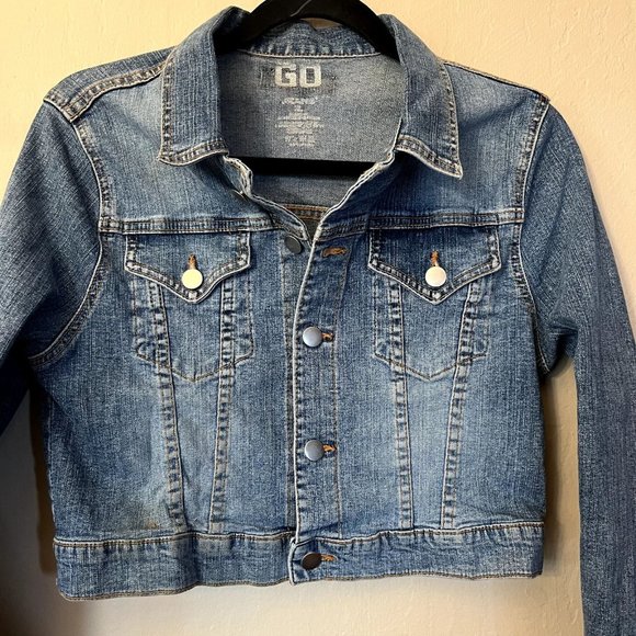 Go Jeans Sz XL Vintage Navy Denim Jean Jacket Cropped Wash Pockets - Picture 3 of 13